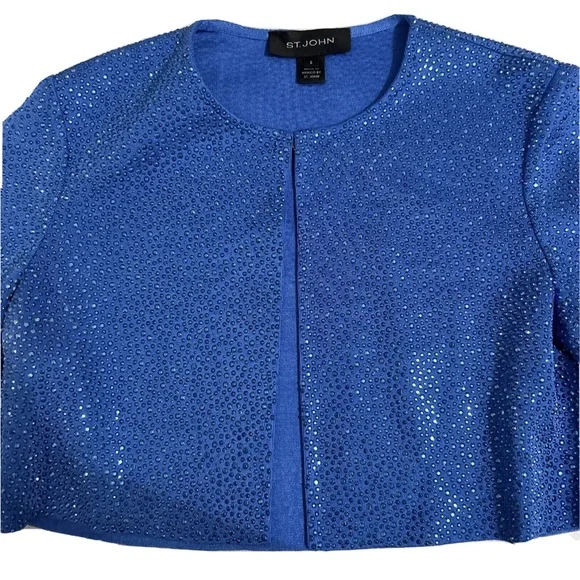 St John Liquid Milano Stud Knit Evening Crop Jacket Royal Blue Rhinestone Size 2 - Picture 6 of 9